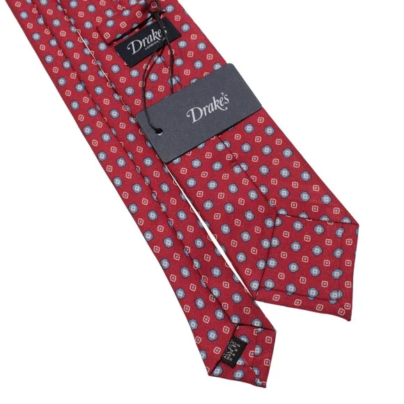 Drake's NWT Neck Tie in Red with Light Blue & White Geometric Pattern 100% Silk